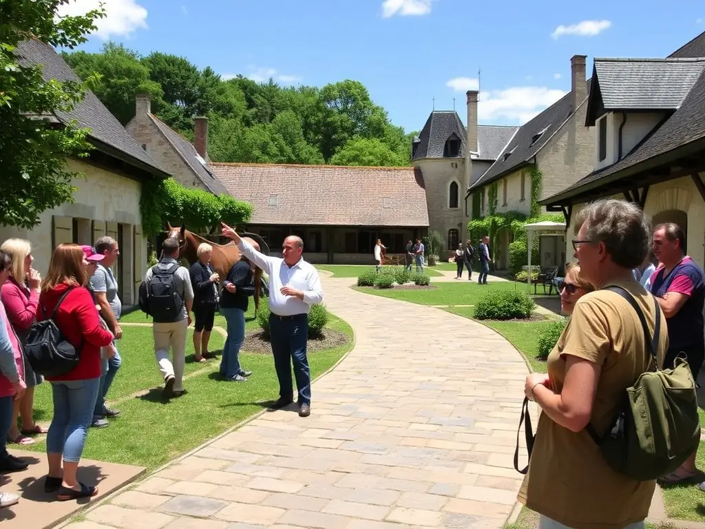 A guided tour of POMPADOUR CITE DU CHEVAL, with a knowledgeable guide explaining the history and significance of the site to a group of visitors. The tour includes visits to historical landmarks and equestrian facilities.