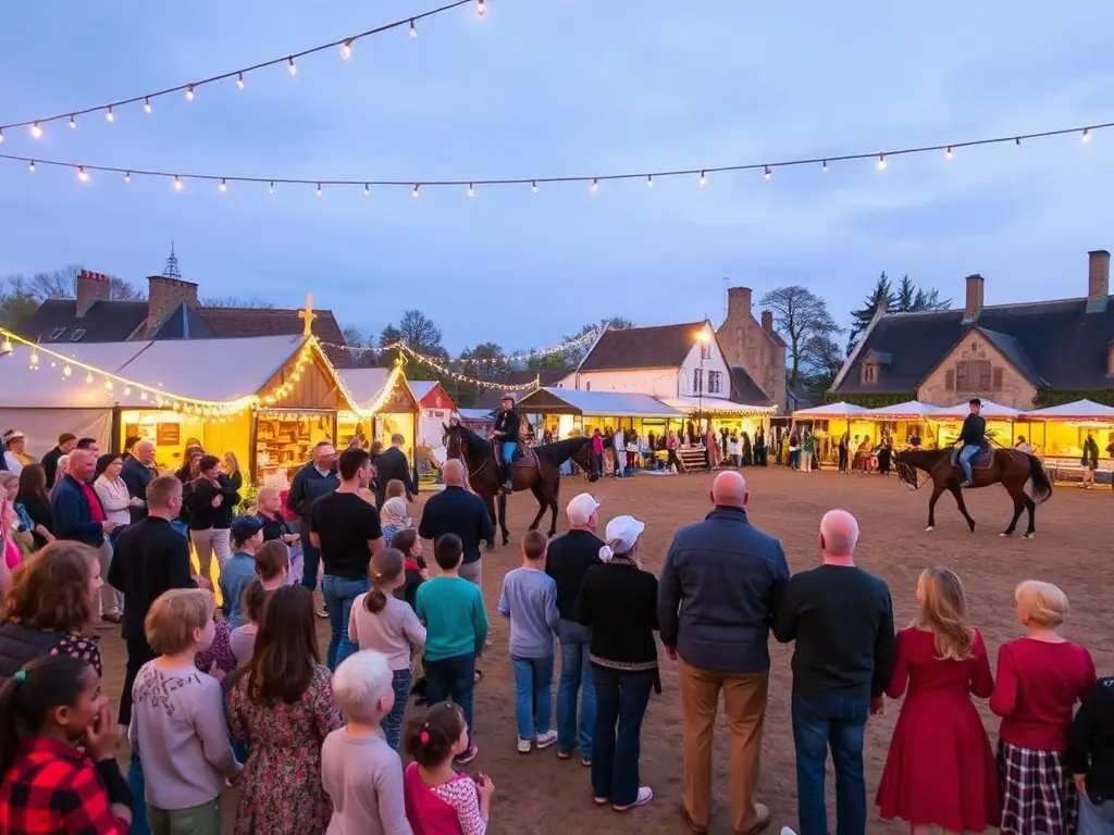 A photograph capturing the vibrant atmosphere of a heritage festival at Pompadour Cité du Cheval, featuring traditional music, local crafts, and equestrian demonstrations, with families enjoying the festivities.