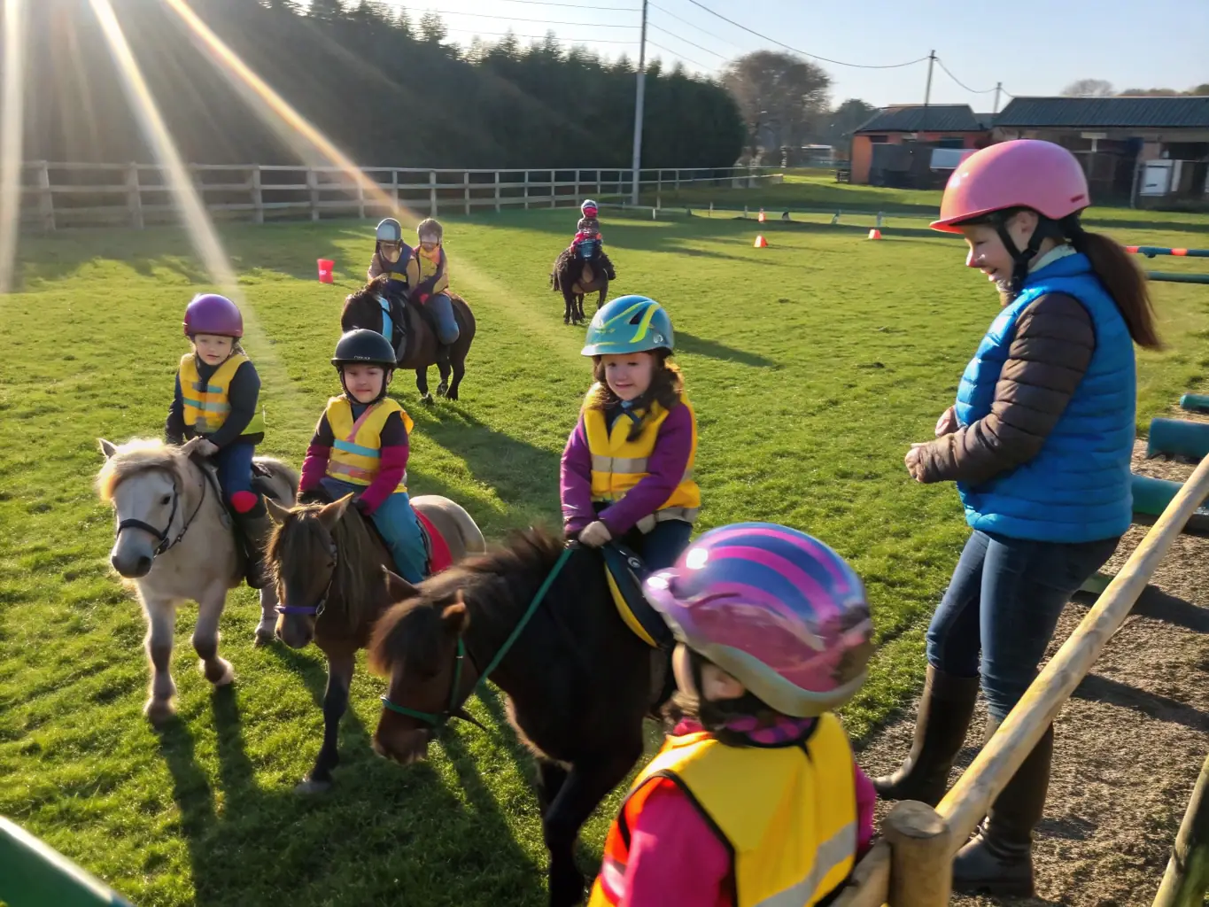 A group of children participating in a horse riding lesson at POMPADOUR CITE DU CHEVAL, with instructors guiding them in a safe and supportive environment. The focus is on learning basic equestrian skills and building confidence.
