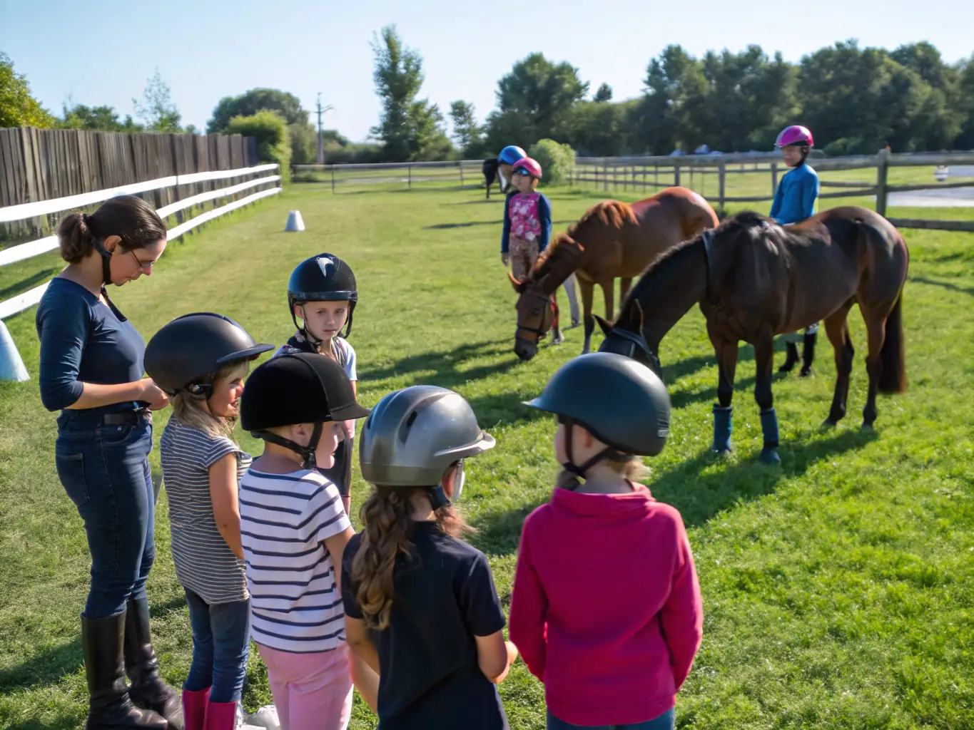 A picturesque scene of a group of children learning basic horse riding skills in a safe, enclosed arena at Pompadour Cité du Cheval, with instructors guiding them and the historic château visible in the background.