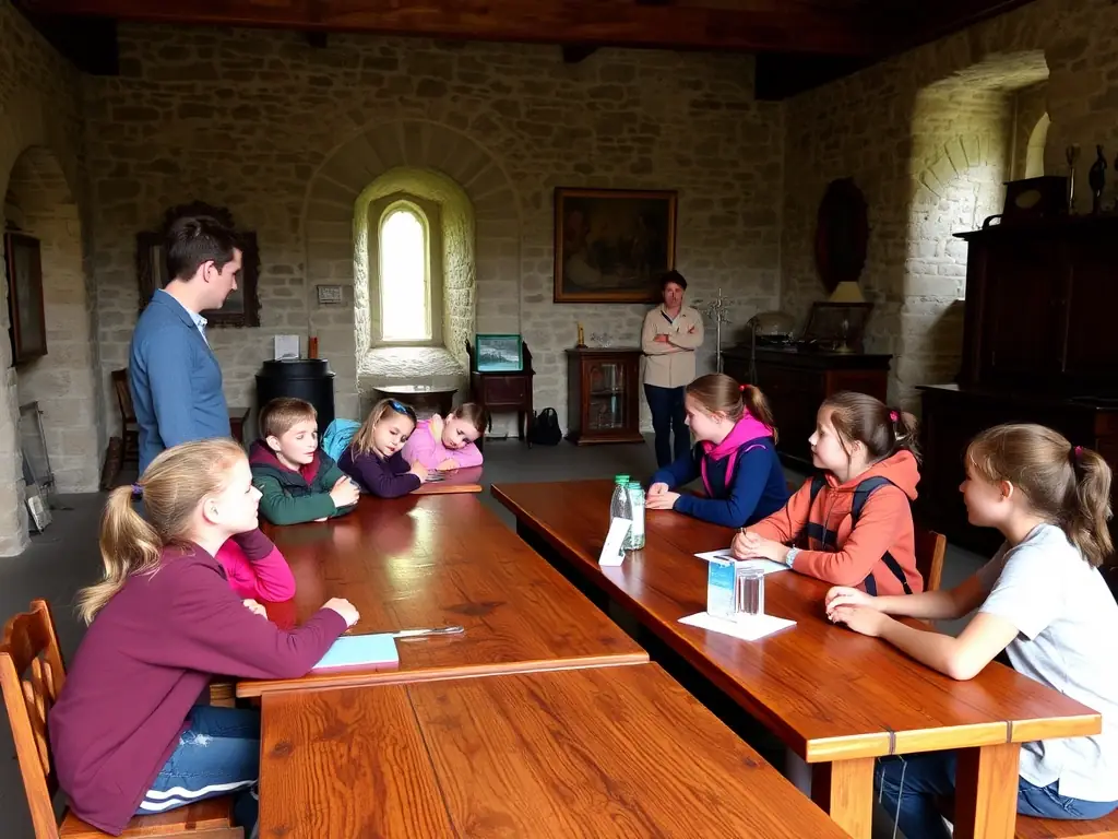 An engaging image of a guided educational tour at Pompadour Cité du Cheval, showcasing historical landmarks and equestrian facilities, with participants actively listening and interacting with the tour guide.