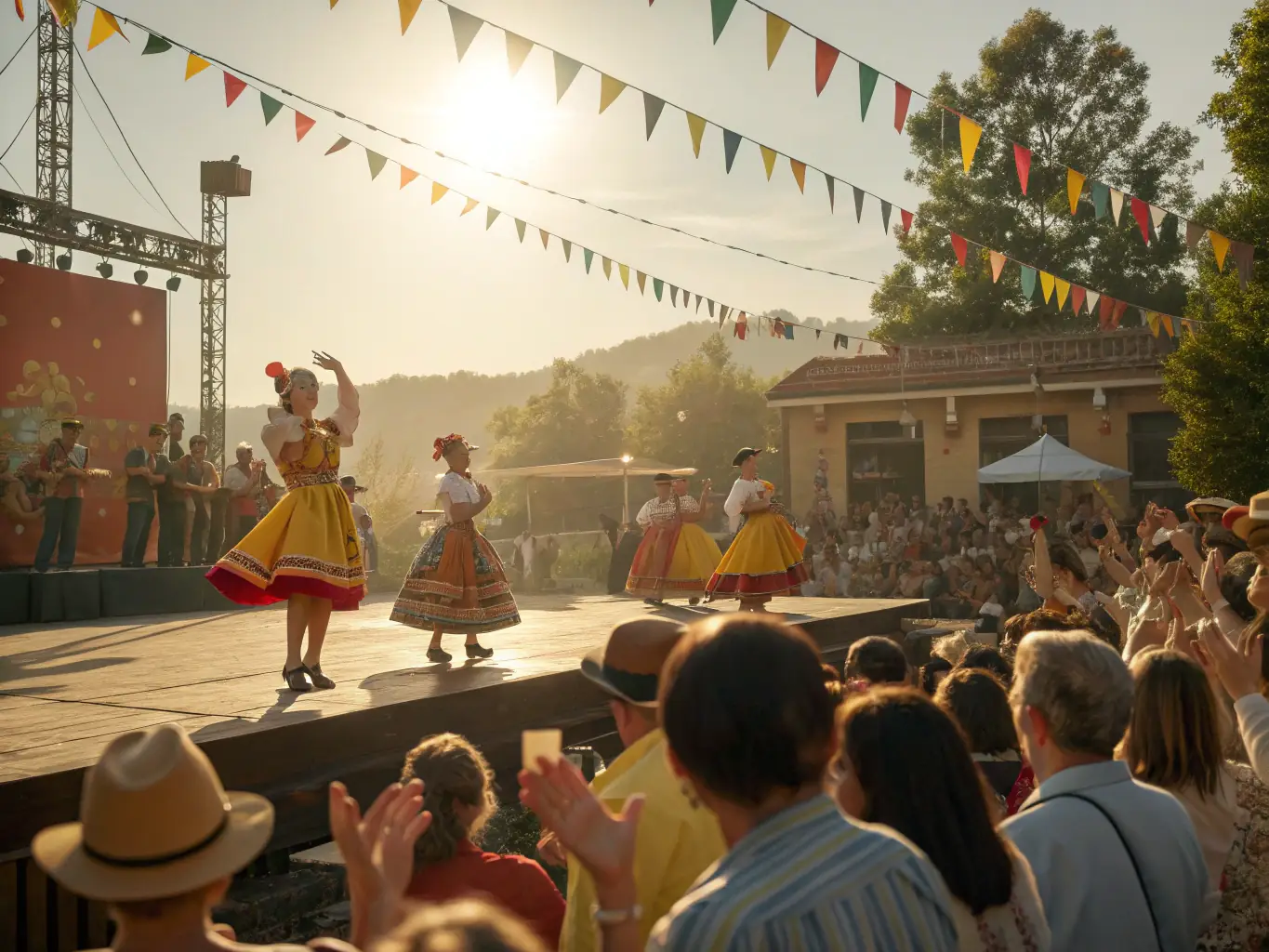 A vibrant scene from a heritage festival organized by POMPADOUR CITE DU CHEVAL, featuring traditional music, dance, and local crafts. The atmosphere is lively and festive, celebrating the region's cultural heritage.